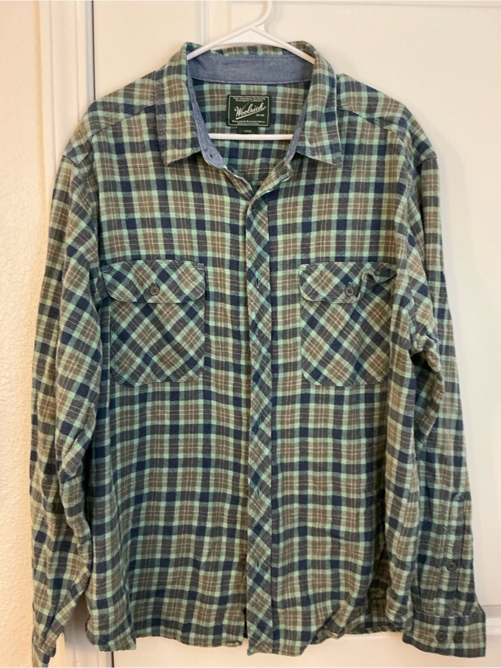 🔥 Woolrich Woolen Mills Plaid Flannel Long Sleeve Button Up Shirt Men XL Green